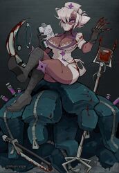 alternate_color bandages blood body_bag commission gloves hat implied_murder iv_stand latex latex_gloves mayfrappe nurse nurse_cap scalpel skullgirls stethoscope tagme valentine_(skullgirls)