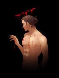 Rule 34 | 1boy, abs, blood, blood halo, blood on chest, brown hair, commentary, completely nude, eren yeager, halo, hanpetos, liquid halo, male focus, nude, pectorals, profile, shingeki no kyojin, single hair ring, solo, toned, toned male, upper body
