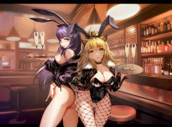 Rule 34 | 2girls, absurdres, adapted costume, alcohol, animal ears, arknights, ass, bar (place), bar stool, bare legs, black choker, black jacket, black legwear, black leotard, blonde hair, blush, bottle, breasts, ceiling light, choker, cleavage, closed mouth, commentary, cowboy shot, cup, drinking glass, english commentary, fake animal ears, fishnet legwear, fishnets, fur-trimmed jacket, fur trim, hair between eyes, hand on own hip, highres, holding, holding tray, huge filesize, indoors, jacket, large breasts, leaning forward, leather, leotard, letterboxed, lion ears, long hair, looking at viewer, multiple girls, off shoulder, official alternate costume, open clothes, open jacket, orange eyes, outside border, pantyhose, playboy bunny, purple eyes, purple hair, rabbit ears, rope (arknights), shelf, siege (arknights), smile, standing, stool, studded choker, thigh gap, thighs, tray, wine glass, zuihou de miao pa si