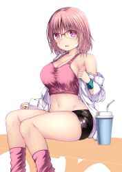 Rule 34 | 1girl, absurdres, blush, bra, breasts, cleavage, cup, drinking straw, glasses, highres, jacket, kuromayu, large breasts, long sleeves, looking at viewer, navel, off shoulder, open clothes, open jacket, original, parted lips, pink bra, pink eyes, pink hair, pink socks, short hair, short shorts, shorts, simple background, sitting, socks, solo, sports bra, sportswear, sweat, underwear, white jacket