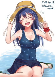Rule 34 | 10s, 1girl, 2016, black hair, blue skirt, blue one-piece swimsuit, casual one-piece swimsuit, dated, closed eyes, hat, kantai collection, long hair, mizunashi hayate, one-piece swimsuit, pleated skirt, polka dot, polka dot swimsuit, sandals, sitting, skirt, smile, solo, sun hat, swimsuit, twitter username, ushio (kancolle), wariza