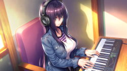 Rule 34 | 1girl, amakano 2, azarashi soft, breasts, chair, female focus, from above, game cg, green eyes, headphones, highres, himiyama rei, indoors, instrument, jacket, keyboard (instrument), large breasts, long hair, looking at viewer, music, parted lips, piromizu, playing, playing instrument, purple hair, sitting, sleeves rolled up, solo, table