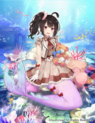 Rule 34 | 1girl, ahoge, air bubble, animal, black hair, blush, bow, brown bow, brown dress, brown neckwear, bubble, cardfight!! vanguard, character request, commentary request, coral, dappled sunlight, day, dress, fish, gloves, hair bow, head tilt, heart, jacket, long hair, mermaid, monster girl, hugging object, seafloor, one side up, open clothes, open jacket, open mouth, outdoors, pink bow, pleated dress, red bow, red eyes, school of fish, shirako miso, sleeveless, sleeveless dress, sleeveless jacket, solo, stuffed animal, stuffed toy, sunlight, teddy bear, underwater, water, watermark, white gloves, white jacket