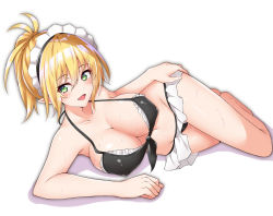 Rule 34 | 1girl, bare shoulders, blonde hair, breasts, cleavage, elf, etan14, green eyes, groin, high ponytail, hip focus, large breasts, long hair, lying, maid cap, navel, on side, open mouth, original, pointy ears, ponytail, shadow, simple background, smile, solo, thighs, white background