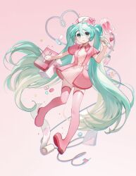 Rule 34 | 1girl, aqua eyes, aqua hair, bandages, boots, collared dress, commentary, dress, first aid kit, gradient background, hat, hatsune miku, highres, holding, holding syringe, intravenous drip, koiiro byoutou (vocaloid), long hair, looking at viewer, nail polish, nurse, nurse cap, open mouth, pill, pink dress, pink footwear, rumoon, short sleeves, simple background, solo, syringe, thigh boots, twintails, very long hair, vocaloid