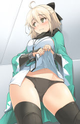 Rule 34 | 1girl, black panties, blonde hair, blush, bow, breasts, clothes lift, commentary request, contrapposto, eyebrows, fate (series), hair bow, japanese clothes, koha-ace, lifted by self, looking to the side, medium breasts, momio, okita souji (fate), okita souji (koha-ace), panties, shinsengumi, short hair, skirt, skirt lift, solo, standing, sweatdrop, thighhighs, underwear