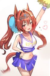 Rule 34 | 1girl, :d, animal ears, arm up, bare arms, bare shoulders, blue skirt, breasts, brown hair, cheerleader, cleavage, clothes writing, commentary, cowboy shot, daiwa scarlet (umamusume), gradient background, grey background, hair between eyes, hair intakes, hand on own hip, heart, highres, holding, holding pom poms, horse ears, long hair, looking at viewer, medium breasts, midriff, miniskirt, navel, open mouth, pleated skirt, pom pom (cheerleading), pom poms, red eyes, shirt, skirt, sleeveless, sleeveless shirt, smile, solo, solokitsune, standing, sweat, thighs, tiara, twintails, umamusume, very long hair, white background, wristband