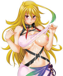 Rule 34 | 1girl, ahoge, bad id, bad pixiv id, bare shoulders, blonde hair, blush, breasts, choker, clothes lift, cum, cum on body, cum on breasts, cum on stomach, cum on upper body, gradient hair, green hair, highres, large breasts, milla maxwell, multicolored hair, navel, nipples, red eyes, shirt lift, simple background, skirt, solo, strapless, tales of (series), tales of xillia, todd oyamada, tube top, tube top lift
