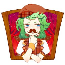 Rule 34 | 1girl, artwele, bad id, bad pixiv id, blue eyes, fake facial hair, fake mustache, green hair, gumi, hat, puffy short sleeves, puffy sleeves, short hair, short sleeves, smile, solo, vocaloid