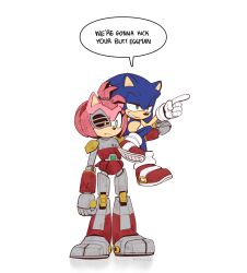 Rule 34 | 1boy, 1girl, amy rose, closed mouth, cyborg, english text, full body, furry, furry female, furry male, gloves, green eyes, grin, hairband, half-closed eyes, highres, kiioki11, pointing, red hairband, rusty rose, serious, shoes, smile, smug, sonic (series), sonic prime, sonic the hedgehog, speech bubble, standing, white gloves