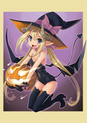 Rule 34 | 1girl, blonde hair, blue eyes, competition school swimsuit, demon tail, fang, gloves, gradient background, halloween, hat, horns, jack-o&#039;-lantern, katahira masashi, kneeling, long hair, looking at viewer, one-piece swimsuit, open mouth, original, pointy ears, school swimsuit, solo, swimsuit, tail, thighhighs, twintails, wings, witch hat