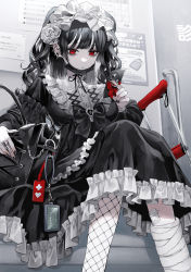 Rule 34 | 1girl, absurdres, bag, barbell piercing, black hair, black nails, cast, cellphone, crutch, ear piercing, earrings, eyelashes, fishnet thighhighs, fishnets, goth fashion, gothic lolita, highres, industrial piercing, jewelry, lolita fashion, long hair, maria (maria rose), mask, mask pull, mouth mask, nail polish, original, phone, piercing, red eyes, ring, sitting, smartphone, solo, thighhighs