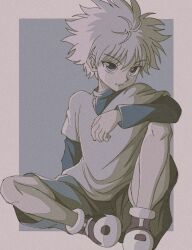 Rule 34 | 1boy, blue eyes, child, enoki (gongindon), expressionless, full body, hunter x hunter, killua zoldyck, knee up, long sleeves, male focus, muted color, official style, shirt, short hair, shorts, simple background, sitting, solo, spiked hair, white hair, white shirt
