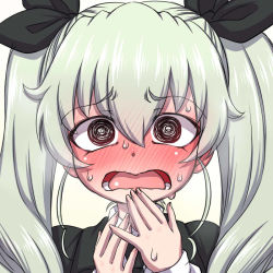 Rule 34 | 10s, 1girl, @ @, after kiss, anchovy (girls und panzer), black necktie, black ribbon, blush, brown eyes, embarrassed, fingernails, full-face blush, girls und panzer, gradient background, green hair, hair between eyes, hair ribbon, hand on own face, hanya (hanya yashiki), long hair, long sleeves, looking at viewer, necktie, raised eyebrows, ribbon, solo, sweat, twintails, upper body