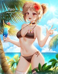 Rule 34 | 1girl, :d, absurdres, bare arms, bare shoulders, bikini, black bikini, breasts, brown hair, character name, cleavage, commentary request, commission, cup, day, double bun, drinking glass, flower, girls&#039; frontline, hair bun, hair flower, hair ornament, hands up, highres, holding, holding cup, horizon, looking at viewer, medium breasts, menna (0012), nail polish, navel, ocean, open mouth, outdoors, p90 (girls&#039; frontline), palm tree, pixiv commission, red eyes, red flower, red nails, side-tie bikini bottom, smile, solo, standing, swimsuit, thigh strap, tree, tropical drink, twitter username, w, water, white flower