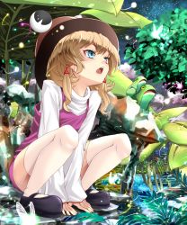 Rule 34 | 1girl, blonde hair, blue eyes, brown hair, bug, butterfly, female focus, frog, hat, highres, insect, legs, mikoma sanagi, moriya suwako, open mouth, squatting, thighhighs, touhou, water, white thighhighs
