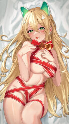 Rule 34 | 1girl, absurdres, alternate costume, animal ears, bell, blonde hair, blush, breasts, fake animal ears, goddess of victory: nikke, green eyes, green nails, hair between eyes, hair ornament, hand on own chest, highres, jingle bell, kylin (leilla8775), large breasts, long hair, looking at viewer, lying, nail polish, naked ribbon, navel1girl, neck bell, on back, red ribbon, ribbon, rupee (nikke), rupee (winter shopper) (nikke), solo, tongue, tongue out