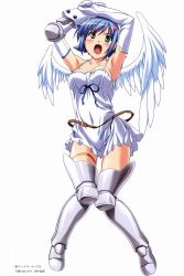 Rule 34 | 00s, 1girl, absurdres, angel, angel of light nanael, angel wings, armor, armored dress, armpits, arms up, asymmetrical wings, bare shoulders, belt, blue hair, blush, boots, breasts, dress, elbow gloves, female focus, fighting stance, gloves, green eyes, hair ornament, head tilt, highres, knees together feet apart, kuuchuu yousai, legs, looking at viewer, miniskirt, nanael (queen&#039;s blade), nanael (queen's blade), official art, open mouth, queen&#039;s blade, ribbon, scan, short dress, short hair, simple background, skirt, solo, standing, thigh boots, thigh strap, thighhighs, white background, white gloves, white wings, wings, zettai ryouiki