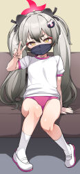 Rule 34 | 1girl, absurdres, alternate costume, animal ears, blue archive, couch, gym uniform, halo, highres, konnyaku (kk-monmon), looking at viewer, mask, michiru (blue archive), sitting, solo, v