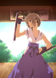 Rule 34 | 1girl, absurdres, bad id, bad pixiv id, breasts, brown hair, cleavage, day, fighting stance, fingerless gloves, gloves, hakama, hakama skirt, highres, japanese clothes, jpeg artifacts, kobanzame, medium breasts, original, outdoors, short hair, skirt, sky, solo, tonfa, tree, weapon