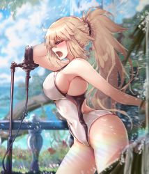 Rule 34 | 1girl, bare shoulders, blonde hair, blue eyes, breasts, cleavage, collarbone, competition swimsuit, fate/grand order, fate (series), high ponytail, highleg, highleg swimsuit, highres, jeanne d&#039;arc (fate), jeanne d&#039;arc (ruler) (fate), jeanne d&#039;arc (swimsuit archer) (fate), jeanne d&#039;arc (swimsuit archer) (second ascension) (fate), large breasts, long hair, microphone, microphone stand, one-piece swimsuit, ru 251, sideboob, swimsuit, thighs, very long hair