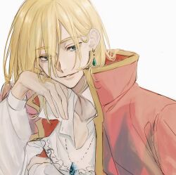 Rule 34 | 1boy, blonde hair, blouse, blue eyes, coat, commentary, crystal earrings, earrings, hair between eyes, highres, howl (howl no ugoku shiro), howl no ugoku shiro, jewelry, long sleeves, looking at viewer, medium hair, necklace, nnshigk 03, parted lips, red coat, shirt, smile, solo, twitter username, white background, white shirt