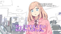 1girl arcade_cabinet blue_eyes collared_shirt diagonal-striped_clothes diagonal-striped_necktie empty_eyes gamecenter_cx hair_ornament hairclip highres indoors jacket necktie nijisanji parted_lips pink_jacket shirt solo striped_clothes suzuhara_lulu translation_request upper_body virtual_youtuber white_shirt x_hair_ornament yowayowap