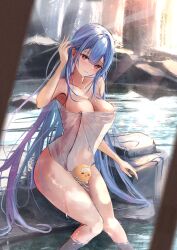 Rule 34 | 1girl, absurdres, azur lane, bare shoulders, blue hair, blush, breasts, cleavage, closed mouth, collarbone, commentary request, hand up, highres, large breasts, long hair, looking at viewer, manjuu (azur lane), naked towel, official alternate costume, outdoors, partially submerged, purple eyes, sitting, smile, sore watasino, thighs, towel, voroshilov (azur lane), voroshilov (devoted as the warm snow) (azur lane), water, wet