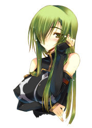 Rule 34 | 1girl, bare shoulders, blush, breast hold, breasts, c.c., code geass, covered erect nipples, detached sleeves, green hair, hair over one eye, impossible clothes, large breasts, long hair, long sleeves, original, ro-ga (kurumaya), simple background, sleeves past wrists, solo, white background, yellow eyes