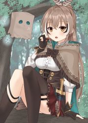 Rule 34 | 1girl, :o, absurdres, ahoge, asymmetrical legwear, berry, branch, brown capelet, brown cloak, brown corset, brown eyes, brown hair, cape, capelet, cloak, corset, dagger, feather hair ornament, feathers, forest, friend (nanashi mumei), gloves, hair ornament, hairclip, hieroglyphics, highres, hololive, hololive english, in tree, knee strap, kneehighs, knife, long hair, looking at viewer, multicolored hair, nanashi mumei, nature, partially fingerless gloves, pleated skirt, ponytail, red skirt, ribbon, runes, shirt, single kneehigh, single sock, single thighhigh, sitting, sitting in tree, skirt, soba (sobaya1938), socks, streaked hair, thigh strap, thighhighs, tree, very long hair, virtual youtuber, weapon, white shirt