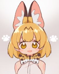 Rule 34 | 1girl, :d, animal ear fluff, animal ears, blonde hair, blush stickers, bow, bowtie, breasts, highres, kemono friends, large breasts, looking at viewer, notora, open mouth, paw print, polka dot, polka dot bow, serval (kemono friends), shirt, short hair, sleeveless, sleeveless shirt, smile, solo, traditional bowtie, yellow eyes