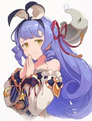 Rule 34 | 1girl, bare shoulders, blush, breasts, collarbone, dress, drill hair, granblue fantasy, hair ribbon, hairband, hinami (hinatamizu), light purple hair, long hair, looking at viewer, phoebe (granblue fantasy), ribbon, ringlets, simple background, smile, solo, steepled fingers, upper body, very long hair, white background, yellow eyes