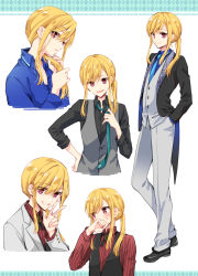 Rule 34 | 1girl, asazuki norito, blonde hair, collared shirt, commission, formal, grin, hands in pockets, looking at viewer, looking away, multiple views, neck ribbon, necktie, open mouth, original, pixiv commission, ponytail, red eyes, ribbon, shirt, sidelocks, smile, suit, tailcoat, v, waistcoat