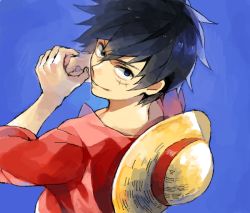 Rule 34 | 1boy, black hair, blue background, clenched hand, hat, unworn hat, unworn headwear, looking at viewer, male focus, monkey d. luffy, one piece, over shoulder, red shirt, scar, shirt, simple background, solo, stampede string, straw hat