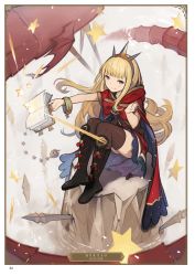 Rule 34 | 1girl, :q, artist name, artist request, black footwear, black thighhighs, blonde hair, blue eyes, book, boots, bow, bowtie, bracelet, brown hairband, cagliostro (granblue fantasy), cape, card (medium), character name, dress, floating hair, full body, granblue fantasy, hairband, highres, holding, jewelry, long hair, open book, page number, red bow, red bowtie, red cape, short dress, sitting, solo, thighhighs, tongue, tongue out, very long hair