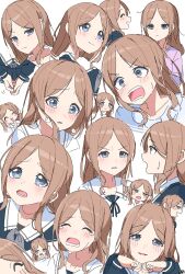 Rule 34 | 1girl, angry, bang dream!, bang dream! it&#039;s mygo!!!!!, black shirt, blue eyes, blush, brown hair, closed mouth, commentary request, crying, crying with eyes open, highres, long hair, looking at viewer, multiple views, nagasaki soyo, open mouth, ora (oraora oekaki), own hands together, parted lips, school uniform, shirt, shouting, simple background, smile, tears, tsukinomori school uniform, v-shaped eyebrows, white background, white shirt