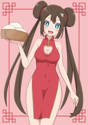 Rule 34 | 1girl, bare arms, blue eyes, breasts, bright pupils, brown hair, character hair ornament, china dress, chinese clothes, cleavage, cleavage cutout, clothing cutout, commentary request, covered navel, creatures (company), double bun, doughnut hair bun, dress, framed, game freak, hair bun, hair ornament, hand up, highres, holding, long hair, nintendo, open mouth, pink background, pokemon, pokemon bw2, ppmmkoko360, rosa (pokemon), solo, teeth, tongue, twintails, upper teeth only, white pupils