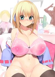 Rule 34 | 1girl, absurdres, black thighhighs, blonde hair, blue eyes, bottomless, bow, bow bra, bra, breasts, cleavage, closed mouth, commentary request, gen (black factory), headphones, highres, huge breasts, lace, lace-trimmed bra, lace trim, lactation, lactation through clothes, large breasts, navel, off shoulder, original, out-of-frame censoring, pink bra, pussy, pussy peek, ribbon-trimmed sleeves, ribbon trim, sideboob, sitting, solo focus, stomach, strap gap, tareme, thighhighs, uncensored, underboob, underwear, undressing, unfinished, sketch background, wet, wide sleeves