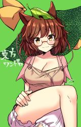 Rule 34 | 1girl, :3, animal ears, bloomers, blush, breasts, brown hair, cleavage, commentary request, crossed legs, futatsuiwa mamizou, glasses, hat, leaf, leaf on head, looking at viewer, medium hair, mio1030, one-hour drawing challenge, raccoon ears, signature, solo, touhou, twitter username, underwear, yellow eyes