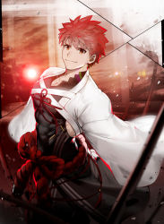 Rule 34 | 1boy, cleavage cutout, clothing cutout, covered abs, emiya shirou, fate/grand order, fate (series), from above, highres, japanese clothes, large pectorals, leaning back, limited/zero over, looking at viewer, male focus, muscular, muscular male, official alternate costume, orange hair, pectorals, senji muramasa (fate), senji muramasa (second ascension) (fate), short hair, shrug (clothing), skin tight, smile, solo, waku (ayamix), wide sleeves, yellow eyes