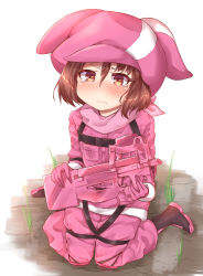 Rule 34 | 1girl, absurdres, animal ears, animal hat, black footwear, blush, boots, brown eyes, brown hair, bullpup, cabbie hat, closed mouth, commentary request, gloves, gun, hair between eyes, hat, highres, holding, holding gun, holding weapon, jacket, llenn (sao), long hair, long sleeves, makano mucchi, nose blush, p-chan (p90), p-chan (sao), p90, pants, personal defense weapon, pink gloves, pink hat, pink jacket, pink pants, rabbit ears, rabbit hat, sitting, solo, submachine gun, sword art online, sword art online alternative: gun gale online, tears, wariza, wavy mouth, weapon