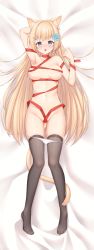 Rule 34 | 1girl, absurdres, animal ear fluff, animal ears, arm behind head, armpits, bed, bed sheet, black thighhighs, blonde hair, blue eyes, blue flower, blush, bow, bow panties, breasts, cat ears, cat tail, collarbone, dakimakura (medium), dot nose, female focus, fish hair ornament, flower, full body, gluteal fold, groin, hair flower, hair ornament, hairclip, hanazono serena, heart, heart-shaped pupils, highres, huge filesize, incredibly absurdres, long hair, looking at viewer, looking up, lying, medium breasts, naked ribbon, navel, on back, on bed, open mouth, oppai loli, original, panties, panty pull, purupu, red ribbon, ribbon, saliva, shiny skin, skindentation, solo, symbol-shaped pupils, tail, thighhighs, toes, tongue, tongue out, underwear, virtual youtuber, white panties