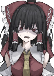 Rule 34 | 1girl, @ @, absurdres, ascot, bags under eyes, black hair, bow, breasts, commentary request, detached sleeves, frilled bow, frilled hair tubes, frills, hair bow, hair tubes, hakurei reimu, highres, hisha (kan moko), long hair, medium breasts, open mouth, red bow, red eyes, shaded face, simple background, solo, sweat, touhou, upper body, white background, yellow ascot