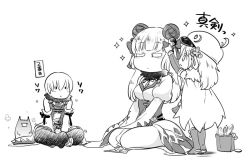 Rule 34 | 1boy, 2girls, adjusting another&#039;s hair, alchemist (ragnarok online), bow, breasts, cape, closed eyes, closed mouth, coat, commentary request, detached sleeves, double bun, dress, flower, full body, hair bow, hair bun, hair flower, hair ornament, hat, hime cut, juliet sleeves, long dress, long hair, long sleeves, looking at another, love morocc, medium breasts, multiple girls, official alternate costume, pants, puffy sleeves, ragnarok online, seiza, shoes, short dress, short hair, simple background, sitting, sleeveless, sleeveless coat, sorcerer (ragnarok online), translation request, two-tone dress, wide sleeves, yin yang