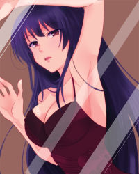 Rule 34 | 1girl, against glass, arm up, armpits, artist request, bare shoulders, breasts, brown eyes, girlfriend (kari), kagurazaka saya, long hair, looking at viewer, parted lips, purple hair, simple background, sleeveless, smile, solo, spaghetti strap