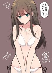 1girl alternate_costume bikini blush breasts brown_hair cleavage collarbone commentary_request dated green_eyes groin idolmaster idolmaster_cinderella_girls jewelry looking_at_viewer medium_breasts navel necklace serebi_ryousangata shibuya_rin side-tie_bikini_bottom signature simple_background solo speech_bubble stomach straight_hair swimsuit translation_request v-shaped_eyebrows white_bikini