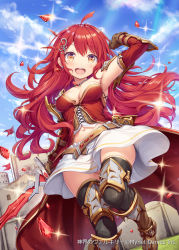 Rule 34 | 1girl, akkijin, belt, blue eyes, breasts, brown gloves, cleavage, gloves, hair ornament, holding, holding sword, holding weapon, looking at viewer, looking down, medium breasts, official art, red hair, shinkai no valkyrie, sword, thighhighs, weapon