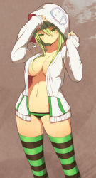 Rule 34 | 1girl, arm up, blush, borrowed character, breasts, cleavage, eyebrows, female focus, green eyes, green hair, hair between eyes, hair over breasts, highres, hood, hooded jacket, hoodie, jacket, large breasts, long hair, matching hair/eyes, navel, no bra, open clothes, open jacket, original, panties, ruiten, sleeves past wrists, solo, standing, striped clothes, striped panties, striped thighhighs, thighhighs, underwear