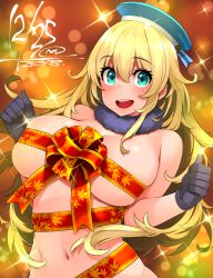 Rule 34 | 1girl, atago (kancolle), beret, blonde hair, blue hat, breasts, dated, gloves, green eyes, hair between eyes, happa (cloverppd), hat, kantai collection, large breasts, long hair, looking at viewer, navel, open mouth, red ribbon, ribbon, solo, stomach, teeth