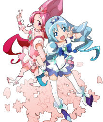 Rule 34 | 1girl, 2girls, back-to-back, blue dress, blush, boots, brooch, cherry blossoms, choker, cure blossom, cure marine, dress, forehead, from above, hanasaki tsubomi, heart, heart brooch, heartcatch precure!, high heels, high ponytail, jewelry, kurumi erika, locked arms, long hair, looking at viewer, looking up, multiple girls, petals, pink choker, pink dress, ponytail, precure, puffy short sleeves, puffy sleeves, sata (akasata64), short sleeves, smile, thighhighs, v, very long hair, wavy hair, white background, white dress
